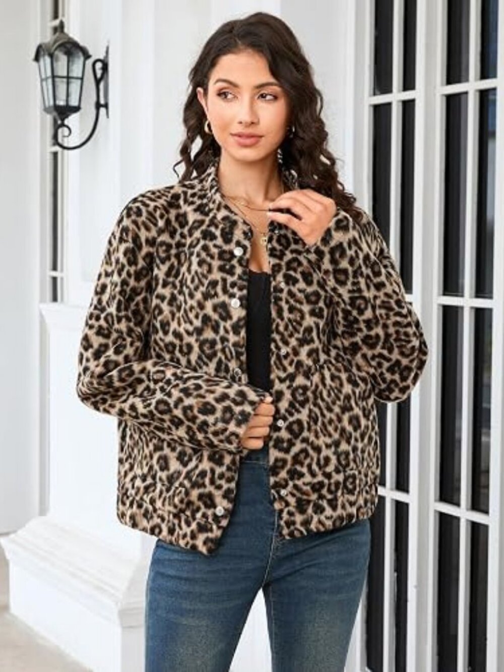 luvamia Women Leopard Print Bomber Jacket Oversized Wool Blend Fall Outfits